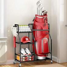 Golf Bag Organizer Golf Club Storage with Wheels Sturdy Metal Golf Bag Holder Stand for Home Garage Outdoor Includes 4 Storage Sections and Removable Hooks - como en la foto - Ver 9