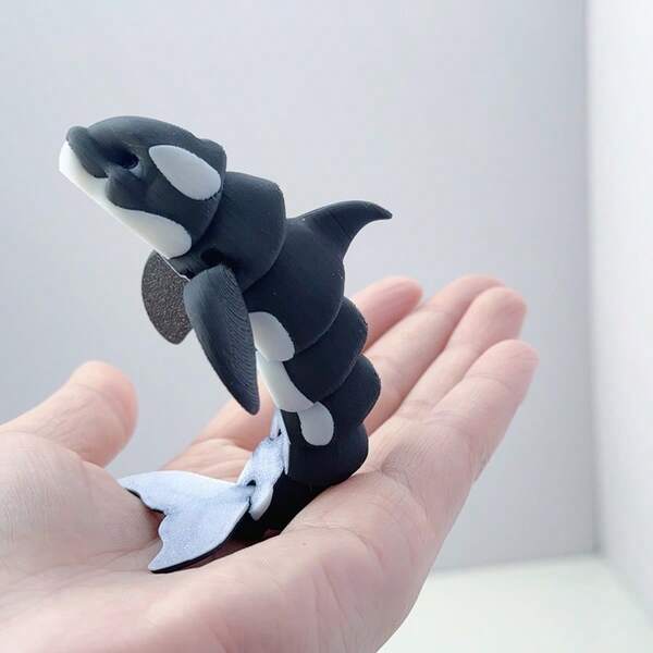 3D打印可爱黑白虎鲸模型，可活动塑料动物摆件，关节可调节，创意桌面装饰雕塑