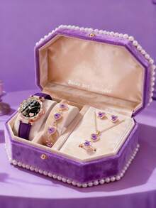 6件套优雅时尚可爱精准圆形石英表，搭配PU皮表带，以及心形水晶项链、手链、戒指和耳环首饰套装，适合女孩日常佩戴，生日/节日礼物，完美适用于返校、度假、旅行、派对装饰、情人节、新年等场合，是送给女孩的优雅配饰。 - 彩色 - 查看 4