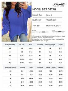 Acelitt Autumn Solid Color Textured Striped Cuffed Long Sleeve Casual Loose Crew Neck T-Shirt Spring - Blue - View 4