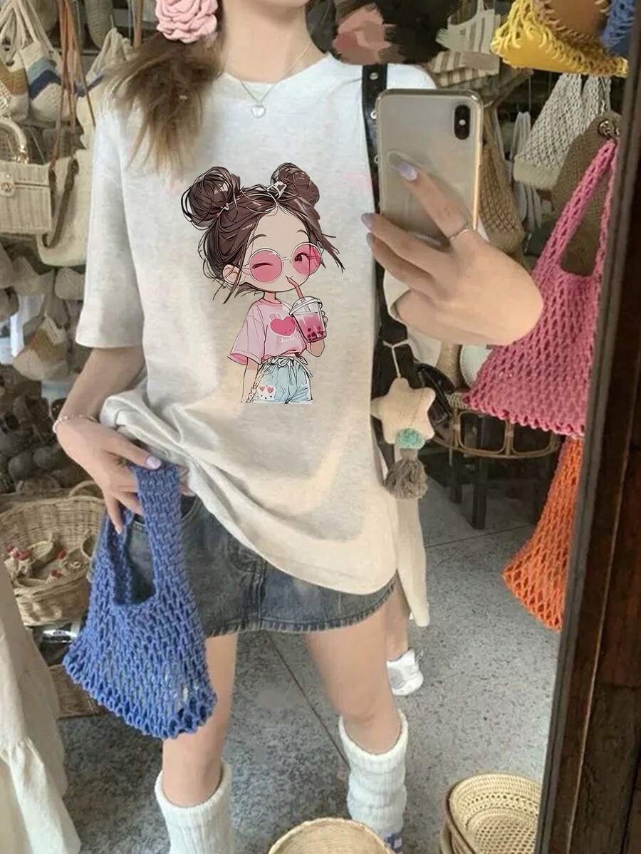 日系女式宽松圆领休闲百搭印花短袖T恤，春夏款 - 淺灰色 - 查看 1