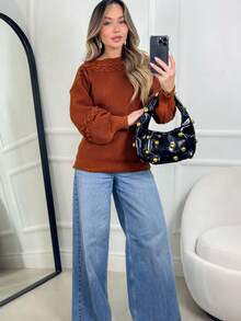 Women's Knit Blouse With Inverted Braid, Long Puff Sleeves, Ribbed Cuffs, Fashion Knitwear For Winter - Óxido - Ver 3