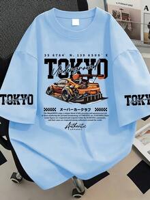 大尺碼夏季東京印花T恤，汽車圖案，賽車氛圍，都市風格。適用於新年、假期、日常穿著、外出、海灘、派對、學校、度假、通勤等。夏季假期休閒理想之選 - 淺藍色 - 查看 1