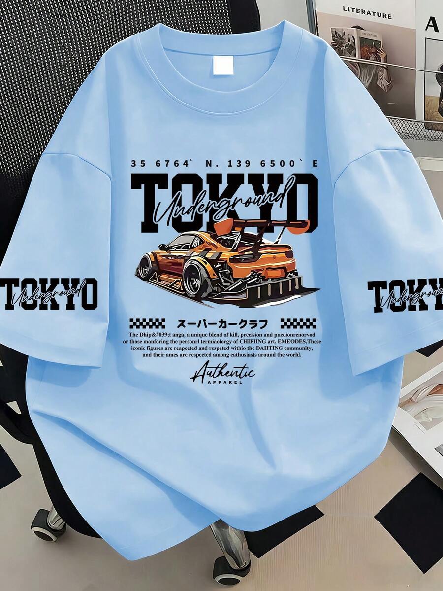 大尺碼夏季東京印花T恤,汽車圖案,賽車氛圍,都市風格。適用於新年、假期、日常穿著、外出、海灘、派對、學校、度假、通勤等。夏季假期休閒理想之選 - 淺藍色 - 查看 1