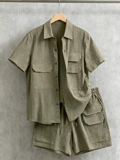 1pc Men's Casual Solid Color "Waffle Puff" Design Shirt & Shorts Set, Summer Outfit, Suitable For Daily Wear And Surfing