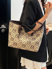 复古字母 M 印花装饰 PU 手提包，适合女性购物、工作通勤、旅行和日常使用 - 咖啡棕 - 查看 5