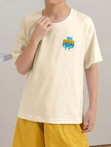 Tween Boys Casual Printed Crew Neck Short Sleeve T-Shirt, Summer Top - Apricot - View 4