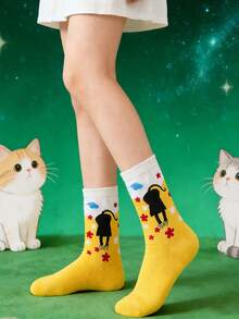 5 Pairs Unisex Blue, Green, Yellow, Gray Starry Sky Cat Cute & Whimsical Mid-Calf Socks, Casual Daily Wear Socks For Men And Women, All Seasons - Multicolor - View 5
