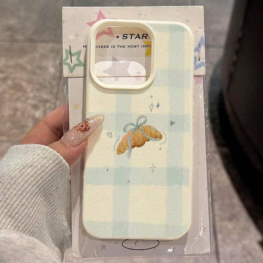 1pc TPU Material Fresh Plaid Bow Bread Pattern Phone Case Compatible With Iphone 17 Pro Max/17/16 Pro Max/15/13/12/11, S20 FE/A15/S24/A55, Compatible With Note 11/Note 12/Note 13 Pro, Full Coverage Anti-Drop Soft Shell Phone Protective Cover - White - View 1