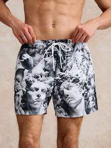 Men's Classical Sculpture Marble Texture Art Mask Print Casual Shorts - Grey - View 1