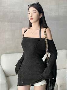 New Slouchy Knitted Cover Up For Women, Unique Design, Slim Fit, Hollow Out, Sexy Top, Spring/Summer - Black - View 3