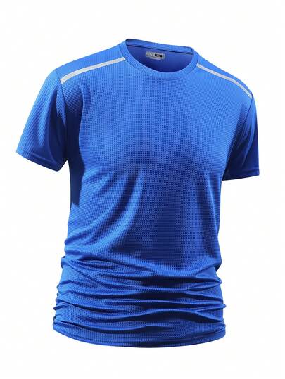 Street Sport-Style Short-Sleeved T-Shirt - Blue Fitted Round-Neck Mesh-Textured Top With White Thin Stripes On The Shoulders - Breathable Cotton Fabric - Suitable For Daily Outings And Casual Fashion In Spring And Summer.