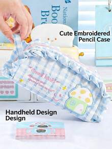 1pc Cute Floral Trim Lucky House Pencil Case, Large Capacity Stationery Bag, Fashionable Indie Style - Embroidered Pencil Case With Wood Ear Trim - View 6