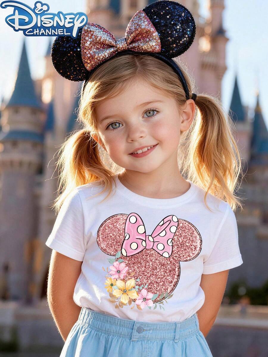 Minnie Mouse With Flowers The Floral Pattern Disney Summer Girls Round Neck Short Sleeved Baby Tops Are Suitable For Daily Wear Comfortable And Breathable And Fashionable And Versatile They Are The Perfect Gift For Children - 白色 - 查看 1