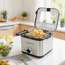 Minifreidora de sobremesa MAIBAFANG, multifuncional de acero inoxidable, ideal para freír hamburguesas, pavo, etc. Con temporizador y función de escurrido, perfecta para cocinar en fiestas y para uso familiar. Incluye clips de regalo. - Ver 4