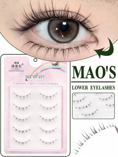 5对自然款假睫毛，适合初学者，透明睫毛柄，可用于下睫毛和上睫毛。
