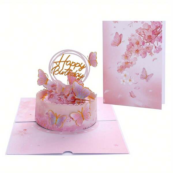 3D Pop-Up Butterfly Birthday Cake Card With Sakura Butterfly, Comes With Pearl Envelope