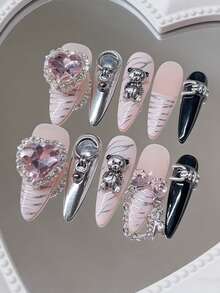 10pcs Y2K Chic Press-On Nails, Almond Shaped French Manicure, Metallic Punk Nail Stickers, Reusable Acrylic Nail Art Decals, Suitable For Party, Cosplay, Daily Wear - Includes Nail Glue And File Nail Supplies - Multicolor - View 13