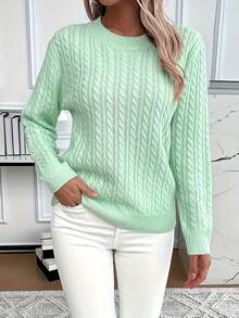 New Year's Edition Women's Sporty Casual Round-Neck Solid Color College-Style Sweater Pullover, Long Sleeve Top Knit Blusas Manga Larga De Mujer - Màu xanh Bạc hà - Xem 1