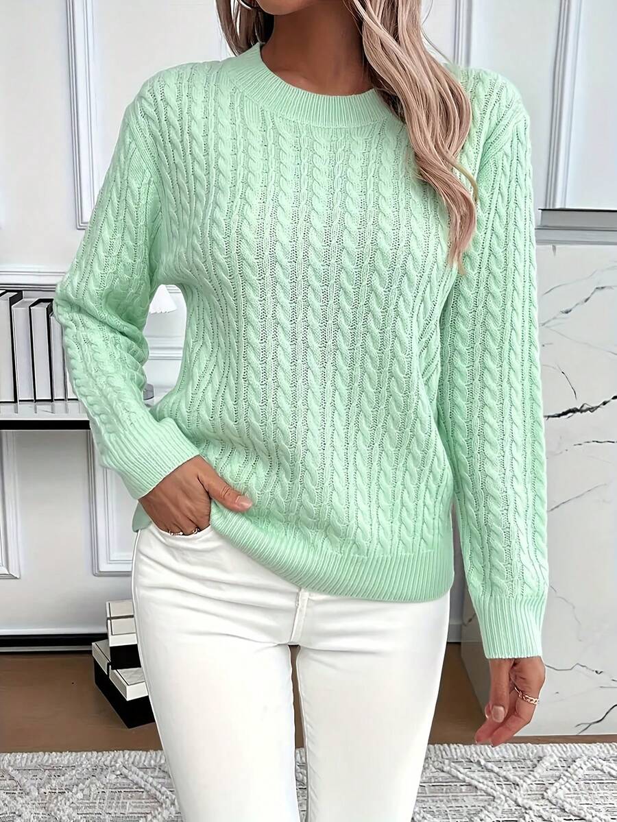New Year's Edition Women's Sporty Casual Round-Neck Solid Color College-Style Sweater Pullover, Long Sleeve Top Knit Blusas Manga Larga De Mujer - Màu xanh Bạc hà - Xem 1