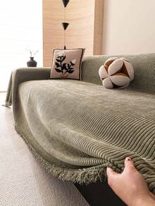 1pc Chenille Fashion Striped Solid Color Sofa Blanket, Classic Minimalist Style, Scratch-Resistant And Durable Pet-Friendly, Suitable For All Seasons To Protect Sofa In Bedroom, Living Room, Study, Office, Machine Washable - Green - View 7