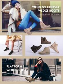 Athlefit Women's Chelsea Wedge Boots Elastic Comfort Platform Lug Sole Slip On Wedge Ankle Booties - màu nâu - Xem 4