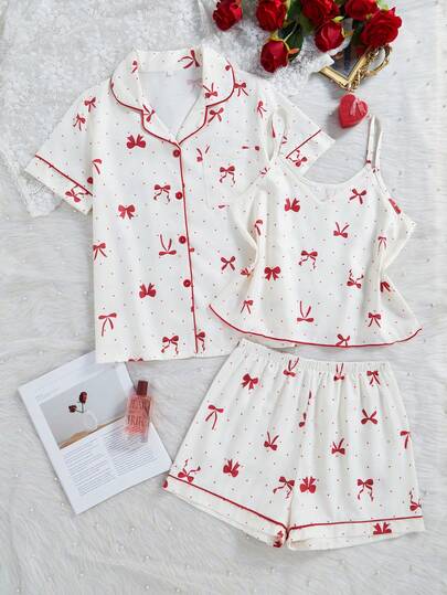 3pcs/Set Women's Casual Comfortable Loose Butterfly Dot Print Camisole Top, Button Front Pocket Tee And Shorts Pajama Set, Spring/Summer