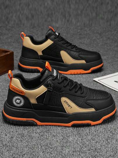 2026 New Men's Casual Sneakers, Low-Top Round Toe Lace-Up Outdoor Sports Comfortable PU Leather Shoes, Dual-Color Design, Classic Versatile Skateboard Shoes For Campus, Street, Travel, Outdoor, Lightweight Flat Running Shoes