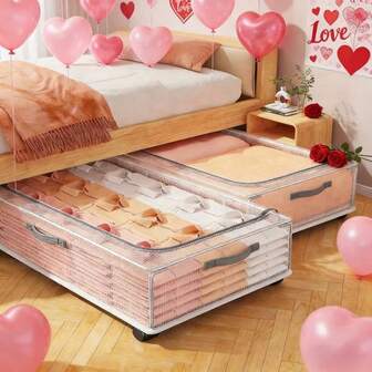 2pcs Large Capacity Foldable Under Bed Storage Boxes, With Removable Wheels And Collapsible Frames, Dust-Proof And Moisture-Proof, Suitable For Seasonal Clothes, Bedding, Halloween, Christmas Items, Applicable For Dorm, Bedroom, Wardrobe, Bed Frame, Room Decor, Minimalist Style, Suitable For Valentine's Day Decor, Valentine's Day Gift, Valentine's Day Storage, Easter Storage