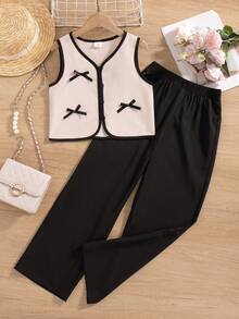 Set de 2 piezas: Blusa sin mangas de unicolor con cuello en V y decoración de lazo 3D y botones, pantalones rectos, para primavera/verano para niñas - Albaricoque - Ver 2