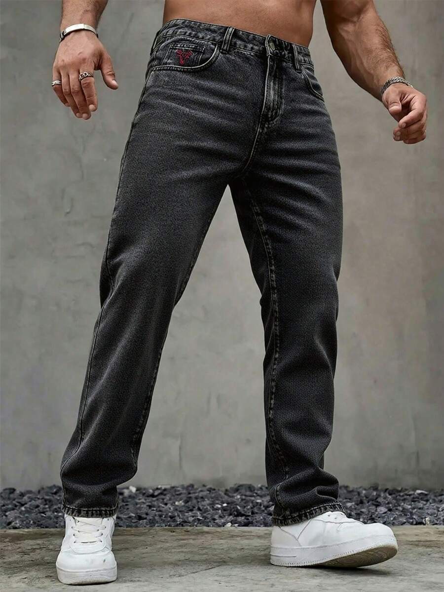 男士水洗褪色直筒牛仔裤，休闲街头风，适合所有季节 - 灰色 - 查看 1