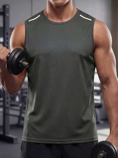 新款男士运动无袖背心，圆领纯色跑步衫，适合户外健身慢跑和训练