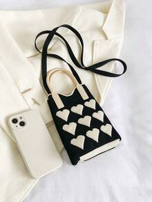 lulu kewen Crochet Bags Handheld Bag Crossbody Bag Shoulder Bags Love Pattern A Women's Handbag Crossbody Bag Shoulder Bags Is Used To Store Mobile Phone Keys, Change, And Other Personal Items During Shopping, Tourism, And Vacation - Black - View 11