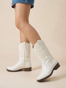 Botas vaqueras bordadas para mujer, de media caña y punta redonda, estilo vaquera, a la moda. - Blanco - Ver 1