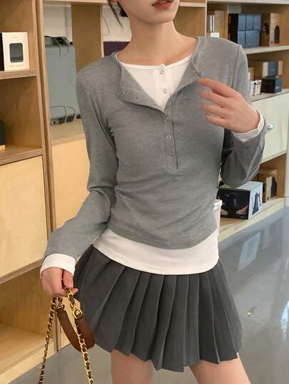 Women's V-Neck 2 In 1 Long Sleeve T-Shirt, Sweet & Spicy, Autumn