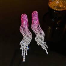 1 Pair Elegant & Chic Rhinestone Tassel Drop Earrings, Fashionable European And American Style For Women - Rose Pink Gradient - View 3