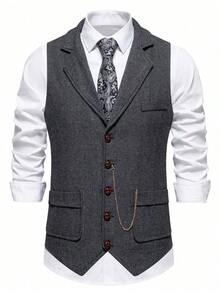 New Men's Herringbone Woolen Tweed Vest, Retro Lapel, Horse Chain Decoration, For Fall Winter - Màu xám đen - Xem 2