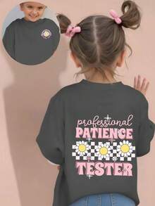 女童休闲印花圆领短袖T恤，夏季上衣 - 深灰色 - 查看 3