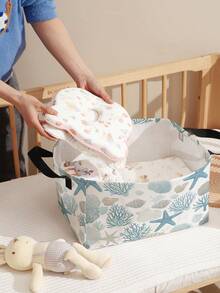 1个海洋主题印花敞口收纳盒，可折叠洗衣篮袋，带木柄，家用浴室可折叠脏衣篮 - 彩色 - 查看 13