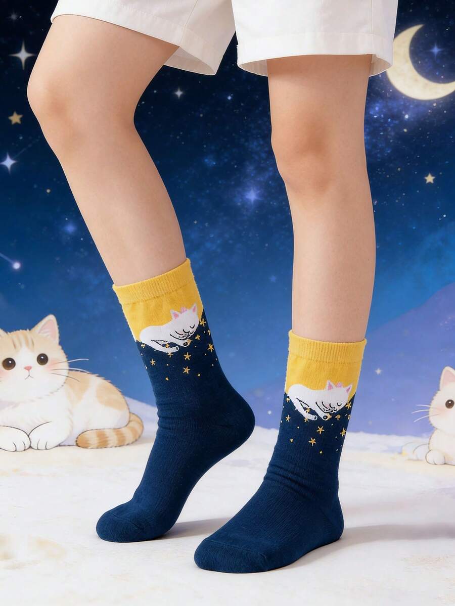 5 Pairs Unisex Blue, Green, Yellow, Gray Starry Sky Cat Cute & Whimsical Mid-Calf Socks, Casual Daily Wear Socks For Men And Women, All Seasons - Multicolor - View 1