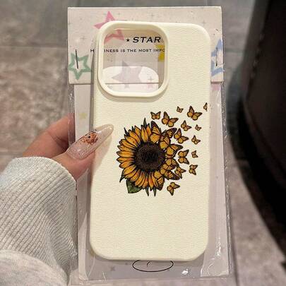 1 pieza Funda de teléfono con patrón de girasol y mariposa de material TPU compatible con iPhone 17 Pro Max/17/16 Pro Max/15/13/12/11, S20 FE/A15/S24/A55, Redmi Note 11/12/13 Pro, cobertura completa, protección suave anti-caídas