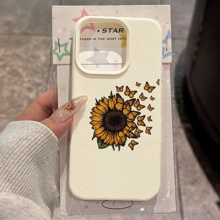 1 pieza Funda de teléfono con patrón de girasol y mariposa de material TPU compatible con iPhone 17 Pro Max/17/16 Pro Max/15/13/12/11, S20 FE/A15/S24/A55, Redmi Note 11/12/13 Pro, cobertura completa, protección suave anti-caídas - Blanco - Ver 1