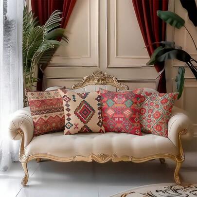 4pcs Bohemian Style Geometric Print Cushion Cover, Super Soft & Comfortable, Bestseller, Hidden Zipper, Machine Washable, Decorative Throw Pillow Case For Home, Sofa, Living Room, Bedroom, No Pillow Insert