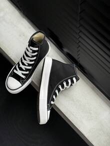 黑色帆布鞋，女鞋，运动鞋，中帮休闲系带鞋，春秋季，韩版风格，简约时尚，高帮休闲运动鞋，经典中帮帆布鞋，百搭休闲滑板鞋 - 黑色 - 查看 5