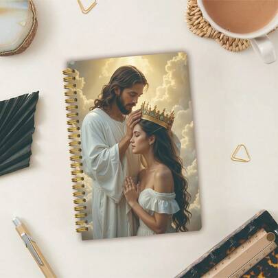 1pc Jesus Wearing Crown Spiral Notebook, Suitable For Women, Size 5.5x8.3 Inches/50 Pages, Applicable For Church, School, Office, Scripture Journal, Personal Diary, Religious Gift