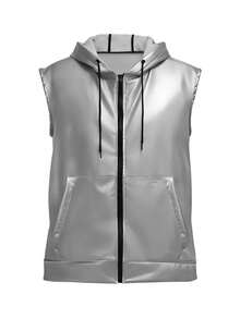 男士金属质感PU皮革无袖连帽拉链背心，街头风 - 銀色 - 查看 6
