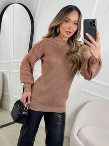 Women's Knit Blouse With Inverted Braid, Long Puff Sleeves, Ribbed Cuffs, Fashion Knitwear For Winter - 新米色 - 查看 1