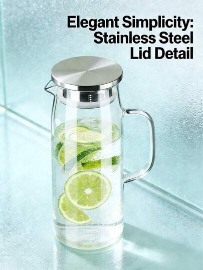 1 pieza Jarra de agua de vidrio de 1200ml con tapa de acero inoxidable - Botella de agua de material de borosilicato - Apta para hervir té y té helado - Se puede colocar en la puerta del refrigerador para jugo y agua con limón