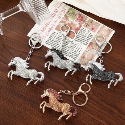 1pc Farmer & Horse Cartoon Keychain, Rhinestone Decor, Metal 12 Zodiac Racing Horse Pendant, Bohemian Zinc Alloy Accessory, Winter