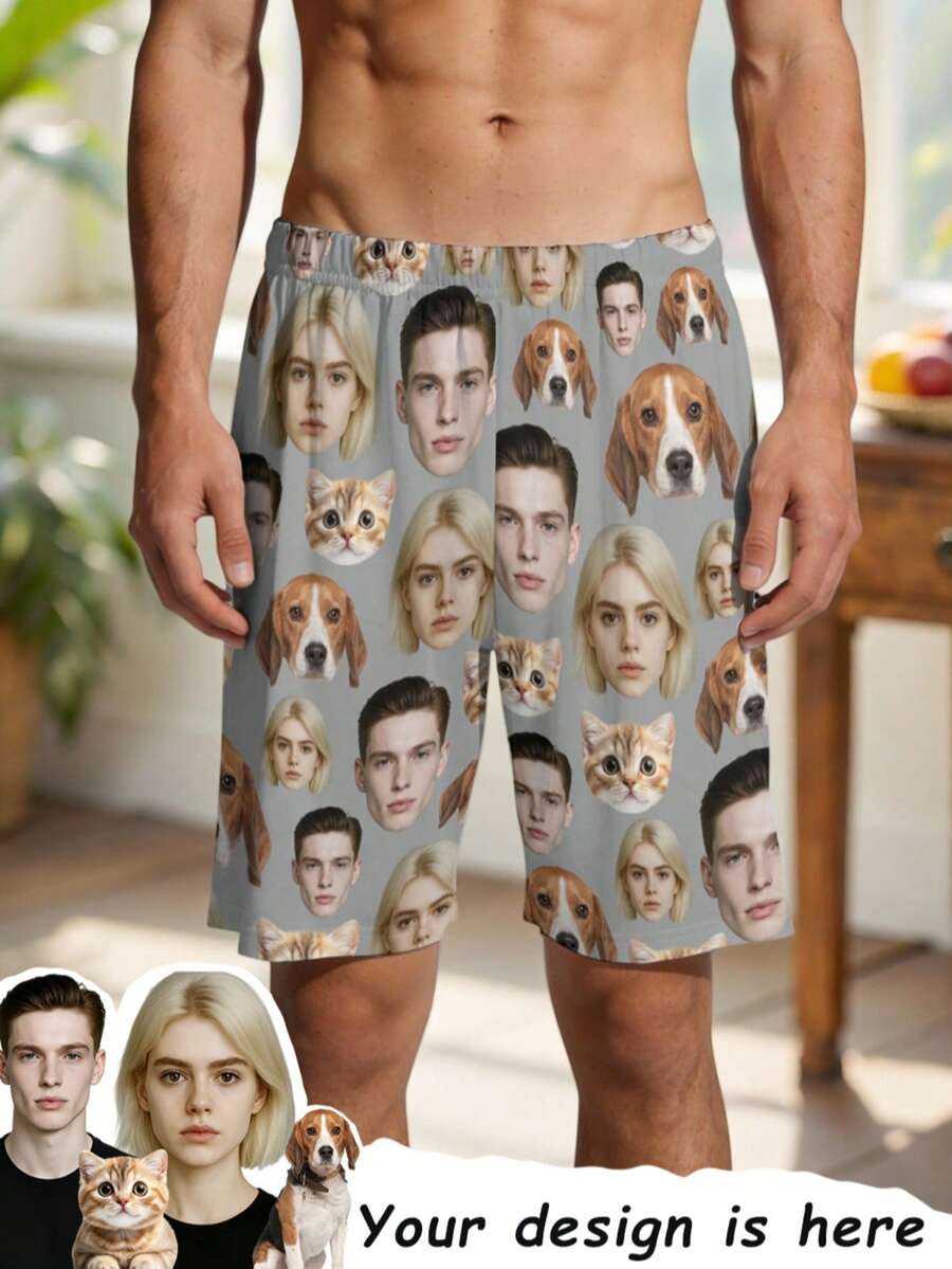1 pieza Pantalones cortos con estampado facial personalizado: Lleva a tus seres queridos (y mascotas) contigo, el regalo talla grande único - Gris - Ver 1